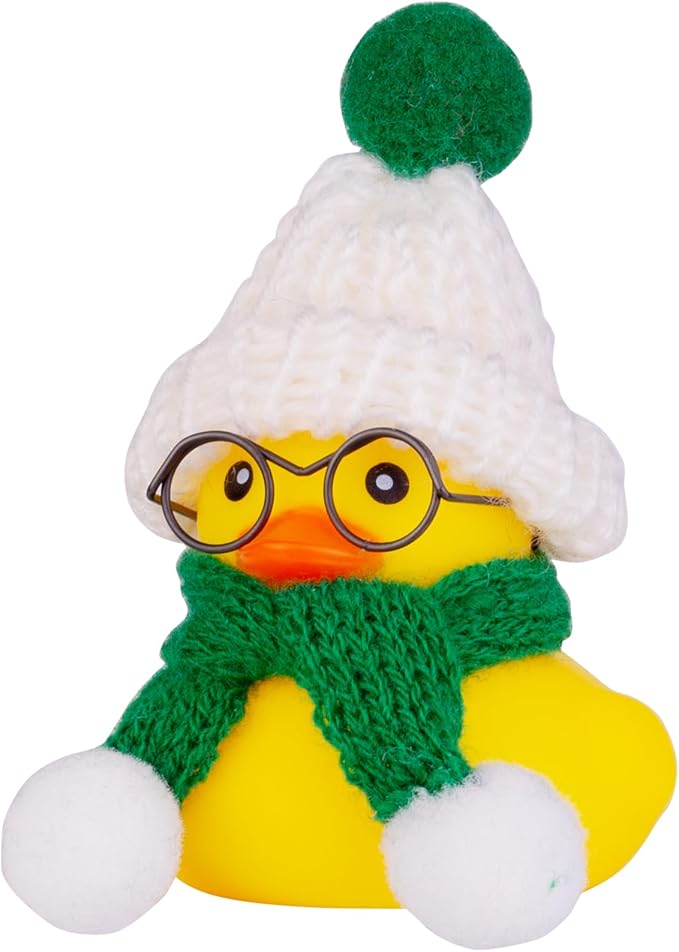 Car Rubber Duck Ornament Winter Duck Car Dashboard Decoration Accessories with Mini Beanie Hat Sunglasses Necklace or Bow(E2)