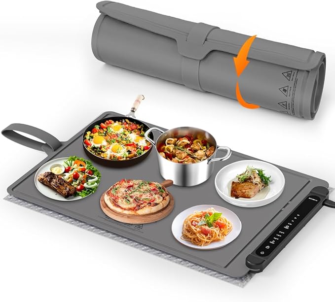 Food Warming Mat Electric Tray: Adjustable Silicone Heating Pad with 3 Temperature Settings 4 Timer Function Portable Roll Up Hot Plate for Buffets Party Gatherings Kitchen Countertop Black Gray