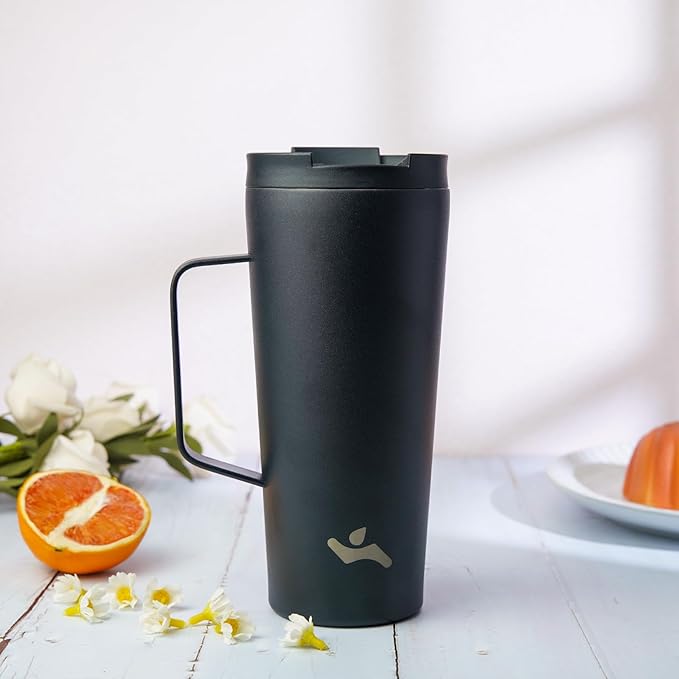 Insulated Tumbler with Handle and Straw, 26 OZ Travel Coffee Mug Stainless Steel Cup Metal Water Bottle,Black