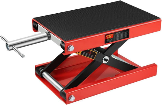 Heavy Duty 1100LBS Motorcycle Scissor Lift Jack with Dolly Wheels, Hand Crank & Non-Slip Platform - Adjustable Bike Lift Stand for Cruiser, Dirt Bike, ATV - Foldable,Garage Repair Equipment