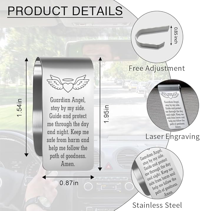 Guardian Angel Stay by My Side Guide and Protect Me Engraved Stainless Steel Car Visor Clip, Inspirational Guardian Angel Safe Driving Gifts for Family Friend Driver, Drive Safe Gifts