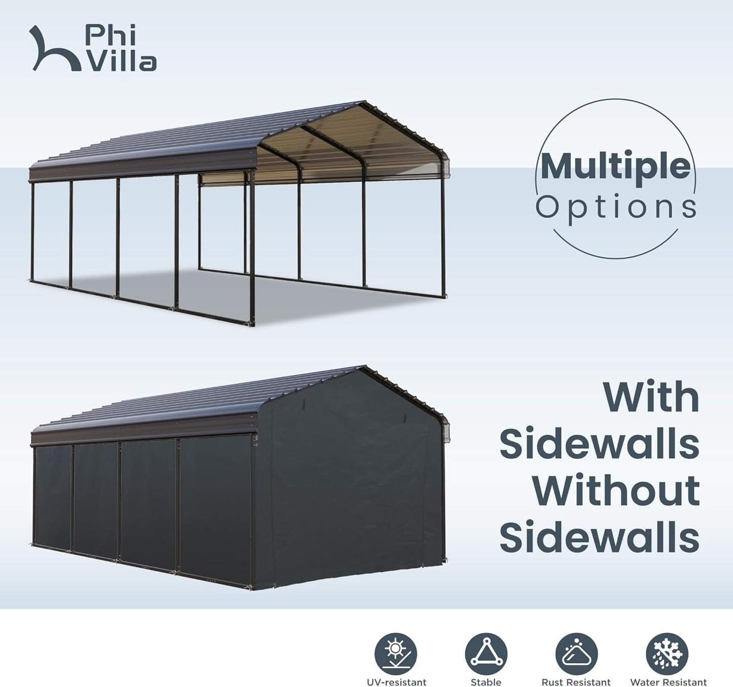 PHI VILLA 12 x 20 ft Carport Metal Carports with Galvanized Steel Roof with Sidewalls Enclosure Kit, Sturdy Heavy Duty Metal Carport for Cars, Boats, and Tractor