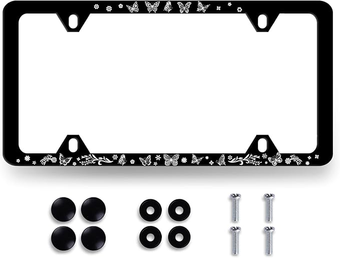 Butterfly Floral Leaves License Plate Frame Boho Butterflies License Plate Holder Funny Auto Parts Stainless Steel Universal Black Cars Decoration for Men Women 12.2" x 6.2"