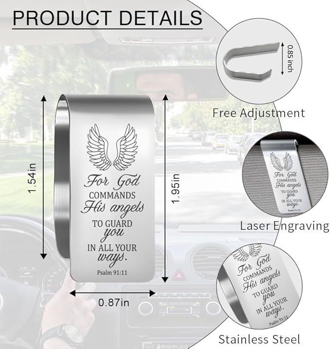 for God Commands His Angels to Guard You Engraved Stainless Steel Car Visor Clip, in All Your Ways Psalm 91:11, Inspirational Guardian Angel Safe Driving Gifts for Family Friend Traveller