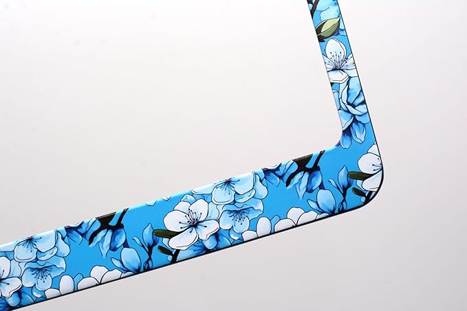 2pcs Blue White Cherry Blossom License Plate Frame for Women, Cyan Sakura Car Tag Frames Girly for Vehicle with Non Adhesive Electrostatic Sticker