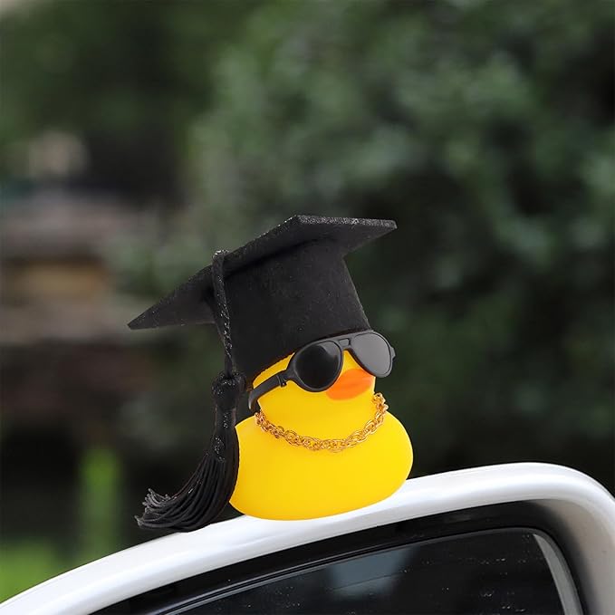 wonuu Car Dashboard Decor Graduation Hat Rubber Duck, Car Ducks Ornaments with Mini Hat Necklace Sunglasses Scarf (Black)