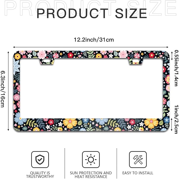 Colorful Flowers and Leaves License Plate Frame Cute Floral License Plate Frames Aluminum Car Accessories Cover with 2 Holes and Screws 12 x 6 Inch for Front Rear Car Plate Decor for Women Men