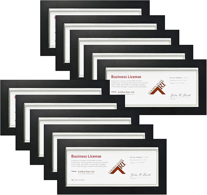 Golden State Art, Wood Frame for 4x9 Business License Certificate with Real Glass & Table-Top Display, Black, 10 Pack