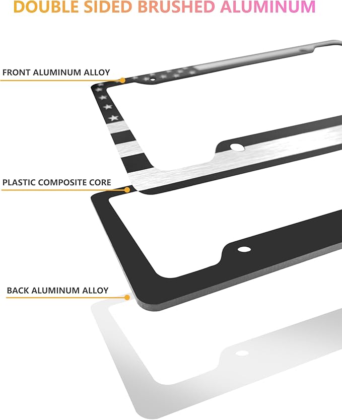 American Flag License Plate Frames - 2 Pack Black Patriotic USA Car Tag Frame in Alum-Plastic Hybrid with Brushed Finish & 3D Metal Decals