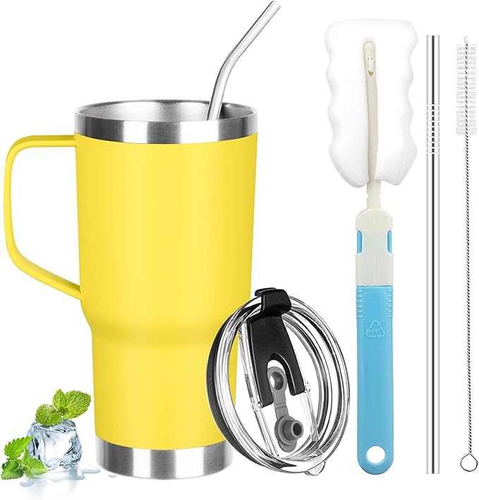 20 oz Stainless Steel Tumbler with Handle, Double Wall Vacuum Insulated Coffee Mug Tumbler with Lid and Straw, Thermal Cup for Cold and Hot (Yellow)