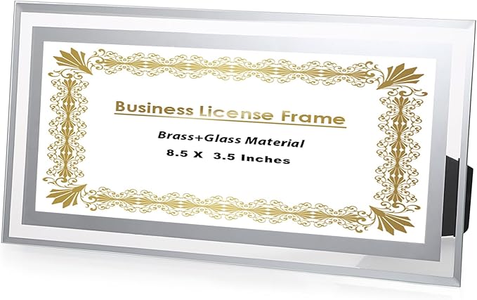 JUXYES Clear Glass Business License Frame for Wall and Tabletop - Display Picture or Retail Licenses, Transparent Certificate Holder for License Cosmetology Salon Esthetician, 3.5 x 8.5 Inches