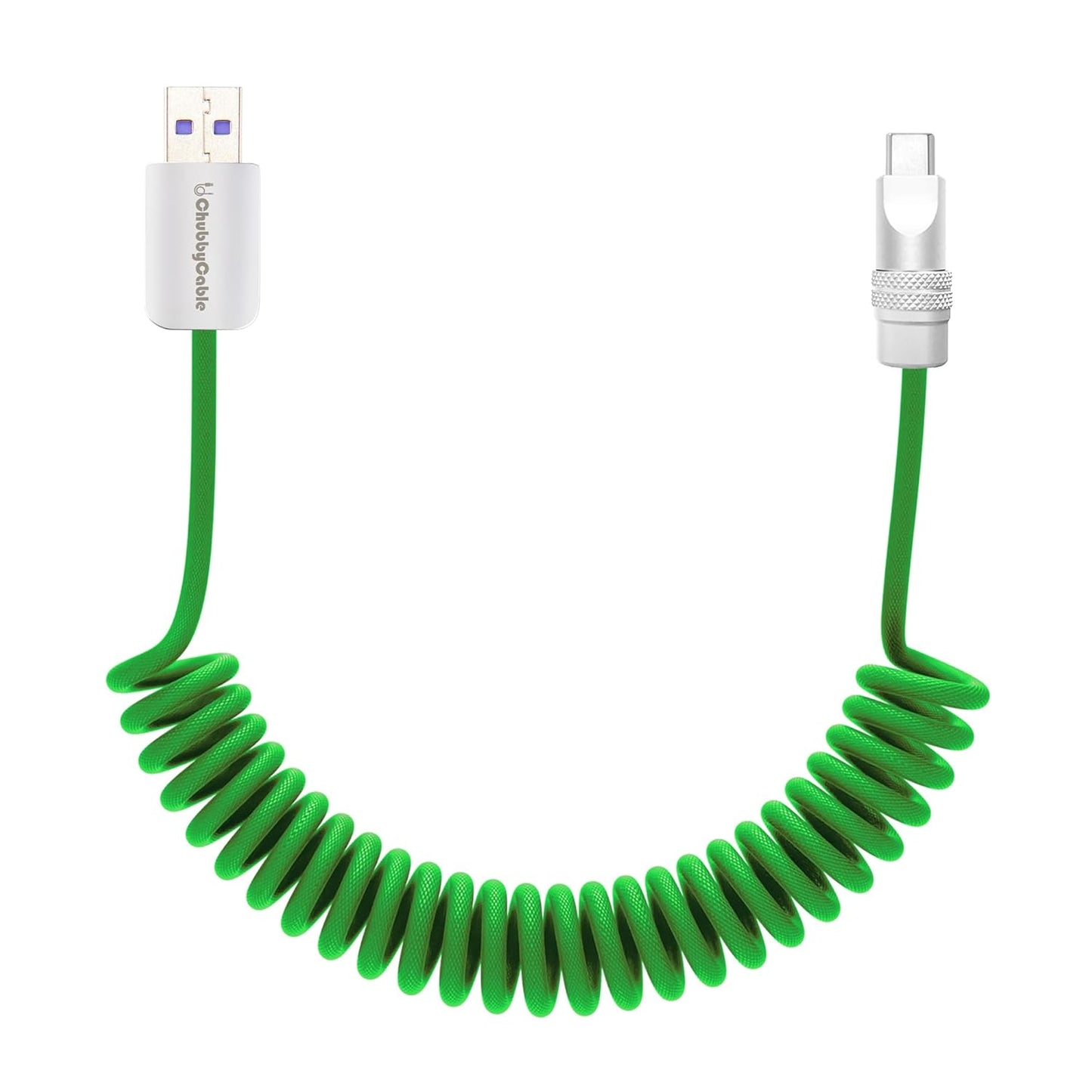 chubbycable Curly Chubby - Retractable Fast Charging Cable 240W Coiled Charger Cord for Car Durable USB-C Cable for Phones, Tablets and More, Green, USB-A to Type-C, 1.3FT-2.3FT
