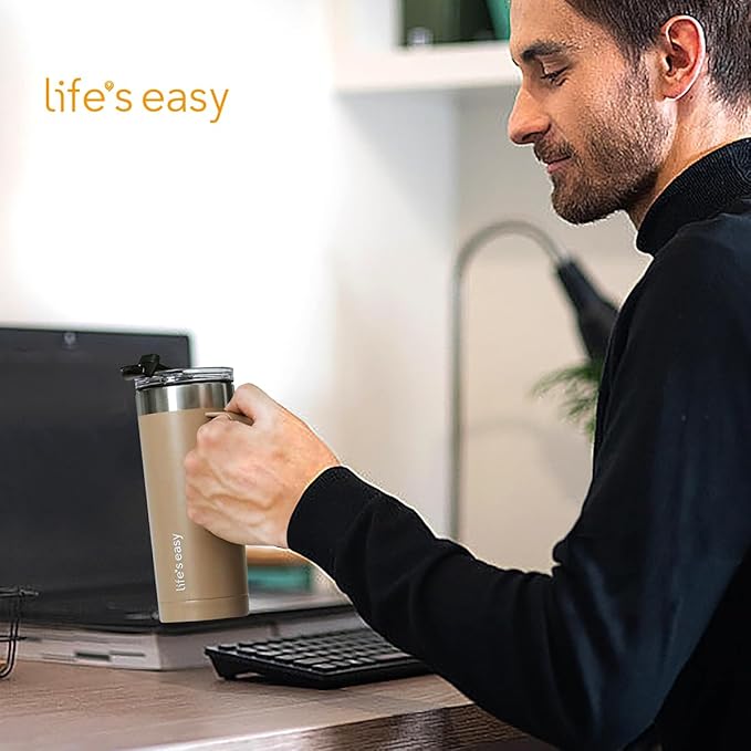 Life's Easy 20oz Stainless Steel Mug w/Handle - Double Wall Insulated Travel Tumbler w/Flip Lid - Leak Proof Tumbler-Thermal Cup for Coffee, Tea & More - Keep Hot & Cold Drinks (Brown, 20 oz)