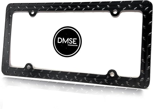DMSE Heavy Duty Metal Diamond Plate Plated License Plate Frame Cool Decorative Design For Any Vehicle (Black)