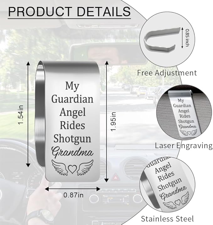 My Guardian Angel Grandma Engraved Stainless Steel Car Visor Clip, Funny Safe Driving Gifts for Grandson Granddaughter, Travel Visor Car Accessories for Sweet 16 Birthday Gifts for New Driver