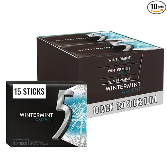 5 GUM Wintermint Ascent Sugar Free Chewing Gum Bulk, 15 Stick Box (Pack of 10)