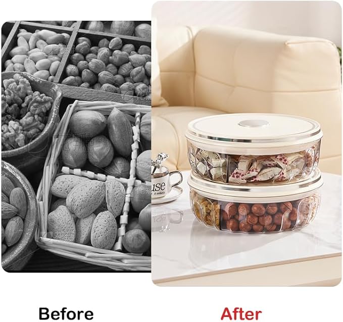 2 Pack Divided Serving Tray with Push-on Lid, 5 Compartments Round Plastic Food Storage Organizer, Snack Tray for Portable Snack Platters, Clear Organizer for Candy, Fruits, Nuts