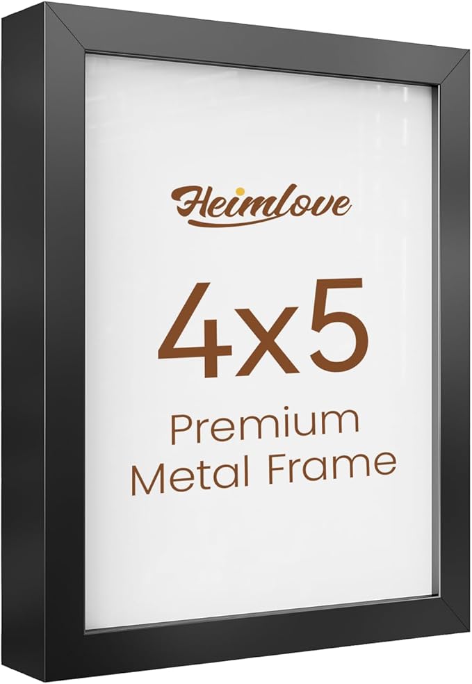 Heimlove 4x5 Metal Picture Frame,Black Aluminum Photo Frames-Real Tempered Glass,Tabletop Display,Mounting Horizontally or Vertically Decor for Wall-1Pack