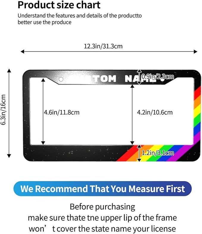 Custom License Plate Frame Rainbow - 2 Pack Personalized Add Text Black Custom License Plate Frame with Standard Us Canada Vehicles 12.3 X 6.3in