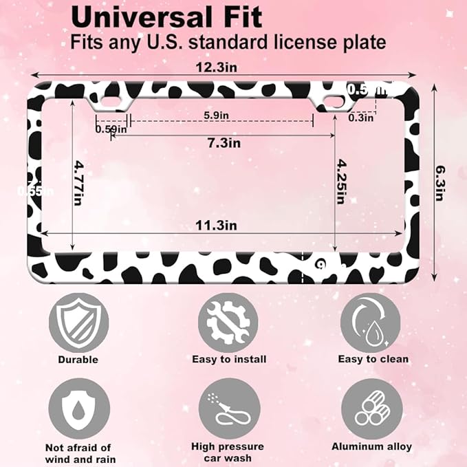 2pcs Cow White Black spot License Plate Frame for Women, Animal Cow Print car Decorative tag Frames Girly, Cute Metal License Plate Cover Holder for Vehicle with Double Sided car Keychain tag
