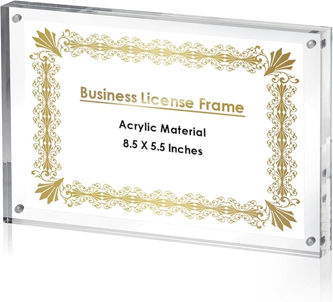 JUXYES 8.5 x 5.5 Clear Acrylic Business License Frame Magnetic Certificate Display Frame, Acrylic Sandwich Frames Frameless Picture Frame Tabletop Magnetic Frames for Business License Certificate