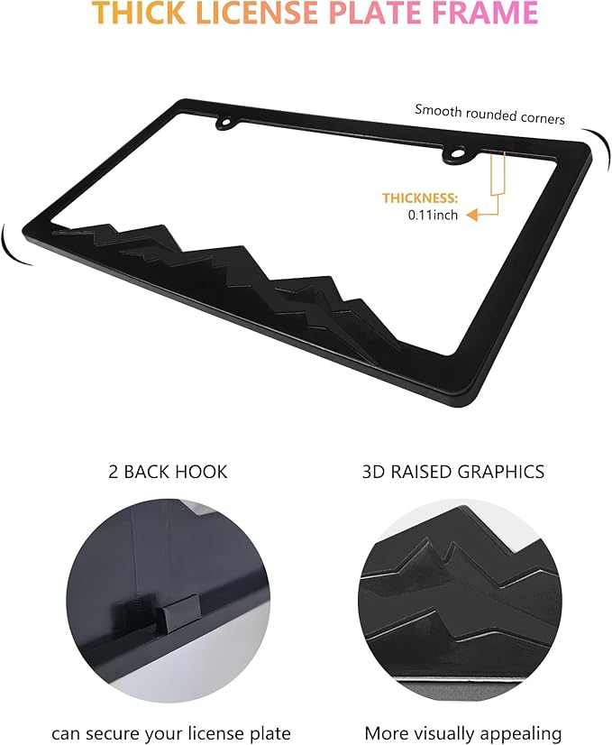 Mountain License Plate Frames - 2 Pack Black Plastic Car Tag Frame with 3D Mountain Design, Included Mountain Vinyl Sticker, Screws & Caps