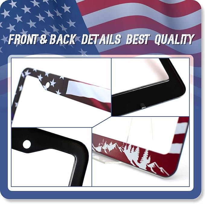1PCS Red & Blue American Flag Moutains License Plate Frame Holder - USA Stars and Stripes Auto Universal Aluminum Matte Car Tag Holder Covers with Sticker & Screws for Men