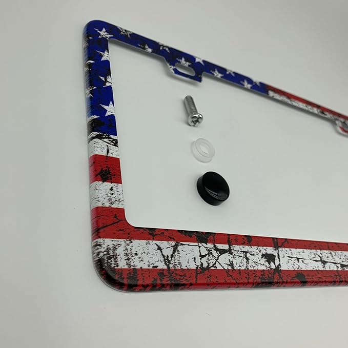 USA Grunge Flag Patriotic License Plate Frame Cover for Men/Women, Powder Coated Stainless Steel Auto Car Tag Frame with 2 Holes & Free Screws