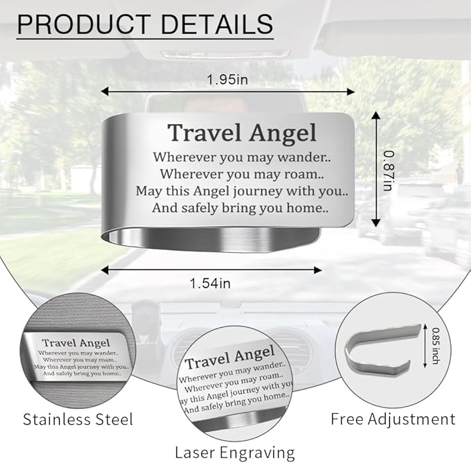 Travel Angel Wherever You May Wander May This Angel Journey with You Engraved Stainless Steel Car Visor Clip, Safe Travels Visor Clip, Safe Driving Gifts for Son Daughter Friend Driver