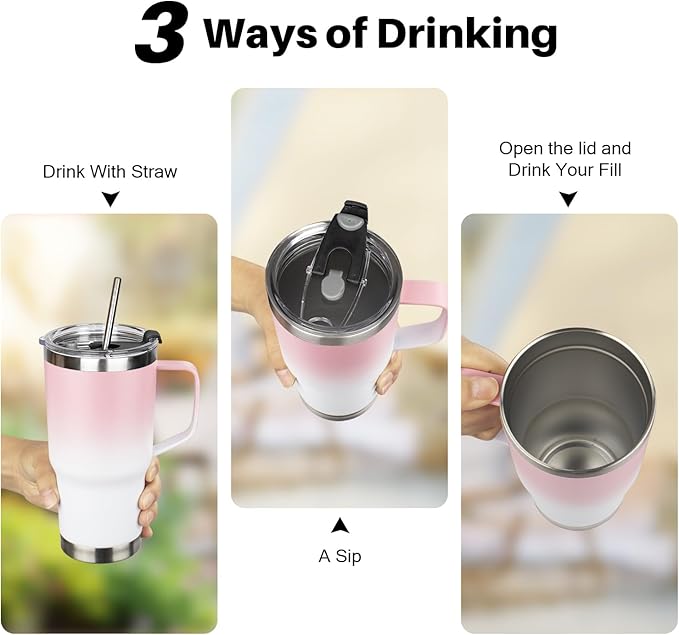 20 oz Tumbler with Handle, Stainless Steel Insulated Tumbler with Lid and Straw, Double Wall Vacuum Coffee Mug Tumbler, Insulated Coffee Thermal Cup for Cold and Hot (Pink White)