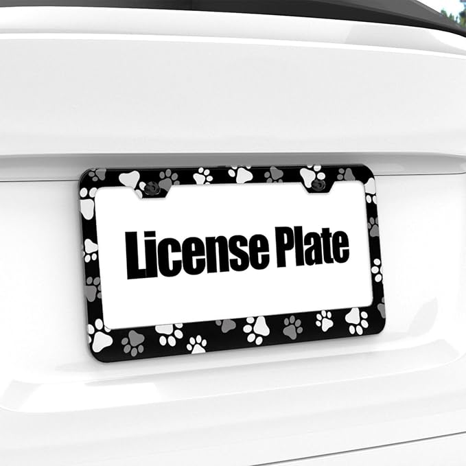 Paws Print License Plate Frame - 1 Pack Personalized Aluminum Car License Plate Cover Black and White Dog Paws License Plate Holder Universal US-Canada 2 Hole Auto Car Tag for Women/Men