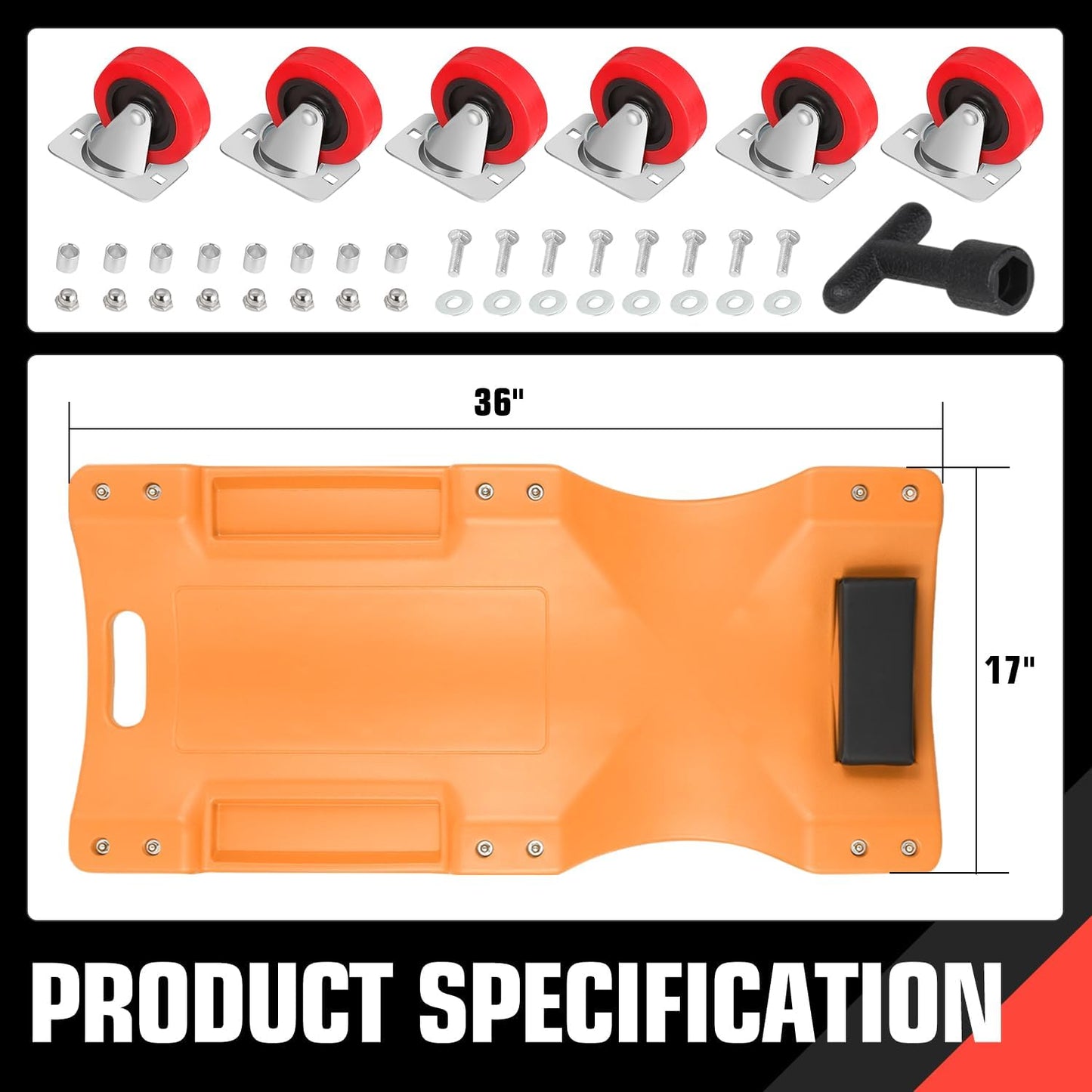 DNA MOTORING 36" L X 17" W x 4.25" H Vehicle Repair Low Profile Automotive Creeper w/Padded Headrest, Orange, TOOLS-00201-OG