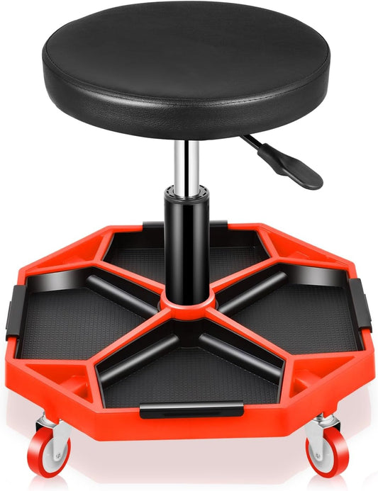 Auto Dynasty Mechanic Stool, Adjustable Rolling Pneumatic Creeper Garage Shop Seat with Tool Tray, 300 LBS Roller Seat for Workshop Auto Repair, Adjustable Height 15.7" to 21", Black/Red