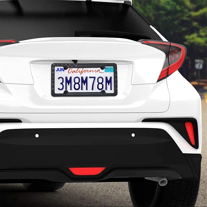 BGMVFK Silicone American Flag License Plate Frames- Patriotic Black Rubber USA Stars and Stripes Flag on Matte Black Holder Cover with Screws Caps, 2 Pack for Front and Rear Car Tags