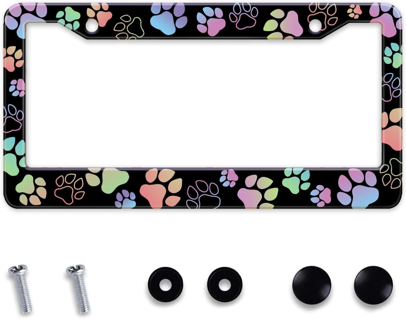 Dog Paw Car License Plate Frames, Colorful Pet Paw Printed License Plate Holder Cover, Metal Aluminum Rustproof Car Accessories for US Canada Standard Women Men 2 Holes with Screw Caps