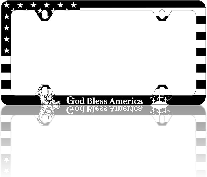God Bless America License Plate Frame USA Flag License Plate Frames Personalise Stainless Steel Funny Design Compatible with Standard License Plate Holder for USA and Canada 6 X 12 with Screws