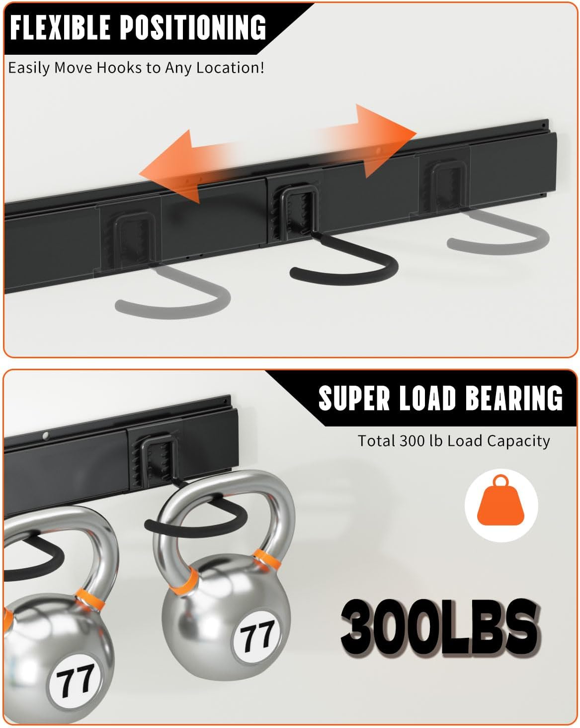 Bike Rack Wall Mount, Bike Hooks for Garage Storage,Vertical Bike Hanger for Indoor Use, Holds Up to 300 lbs, Adjustable Hook System with 4 Hooks and 3 Rails,48 Inches, Black