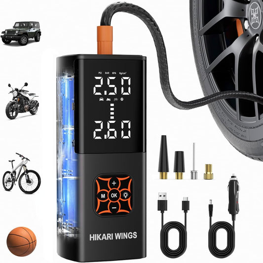 HIKARI Tire Inflator Portable Air Compressor-8X Faster, 25,000mAh Battery, 150PSI Cordless Air Pump with Digital Pressure Gauge for Car, Bike, Motorcycle, Balls