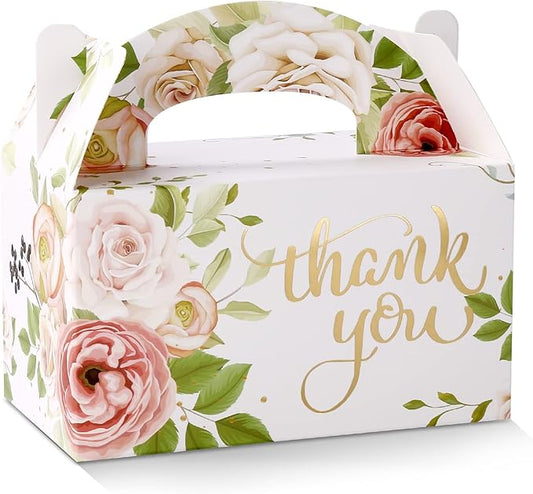 24 PACK Party Favor Treat Boxes - Gold Foil Thank You Candy Boxes for Wedding Bridal Shower, Floral Thank You Gable Boxes for Small Business, Gable Box Gift Wrap Boxes for Baby Shower Annivesary