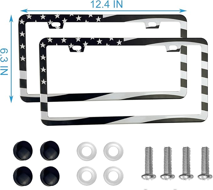 2PCS Premium American Flag License Plate Frame, Black License Plate Frames, 2 Holes Solid Stainless Steel License Plate Holder, Universal Car License Plate Frame for USA Flag, by Lengnoyp