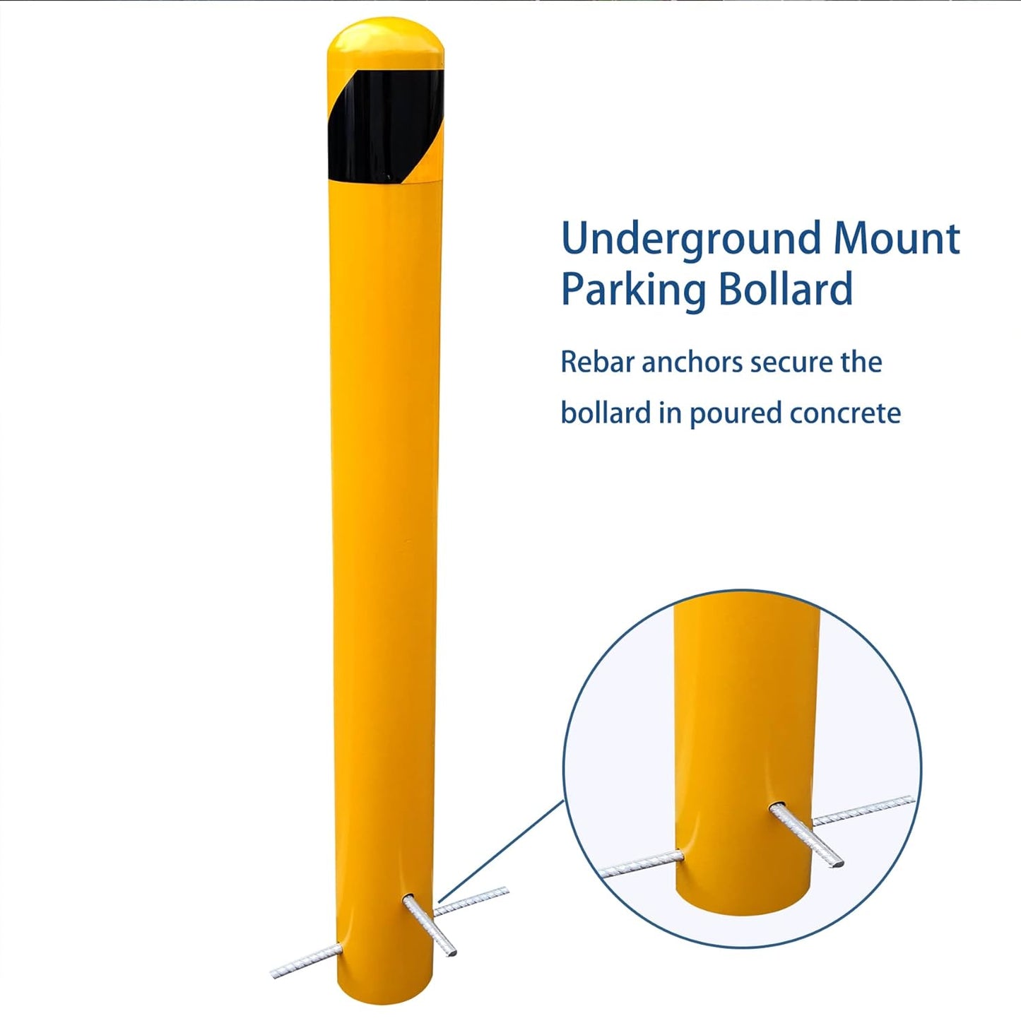 58" Pour in Place Steel Bollard Post, 4-1/2" OD Safety Bollard Yellow Powder Coat, Metal Bollard Parking, Driveway Barrier