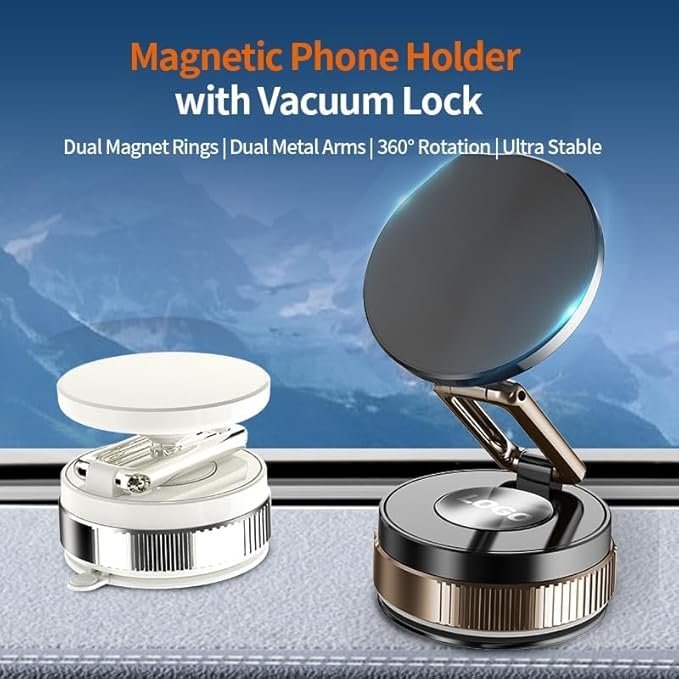 GORDIUS Premium Metalic Foldable Vacuum Magnetic Phone Holder, 360° Phone Suction Mount Double-Sided Swivel Stand for Car, Mirror, Gym, Hands-Free Compatible with iPhone and Android (White)