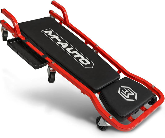 M-AUTO Heavy-Duty Automotive Creeper with 3-leves Adjustable Headrest, 42.5" Padded Metal Frame Creeper with Tools Tray for Garage Shop, 6 Noiseless Casters 300LBS Capacity, Red