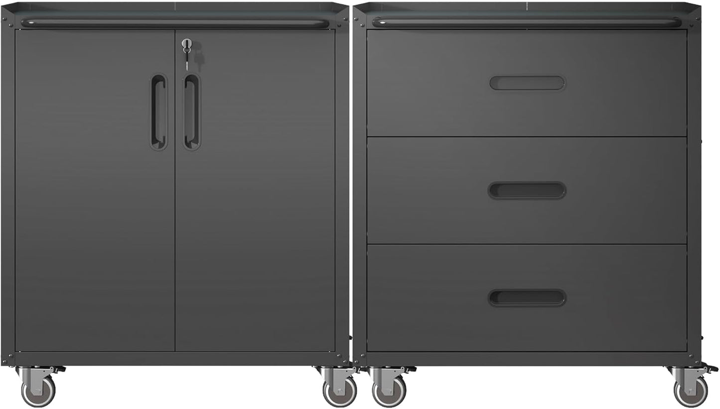 Metal Tool Cabinet,Garage Storage Cabinet System,Wall Cabinet & Locking Rolling Tool Cabinet with Doors and Adjustable Shelves,Steel Tool Cabinets for Home,Office (2 Pcs-StyleC, Black)