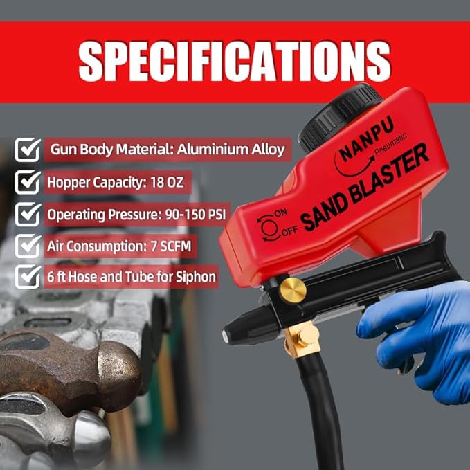 NANPU Light-Duty Air Sandblaster Gun Kit with Siphon & Gravity Feed, Ceramic Nozzle, Metal Body, for Small Project Surface Prep, Paint & Rust Removal, Metal/Wood/Glass Etching，Requires Air Compressor