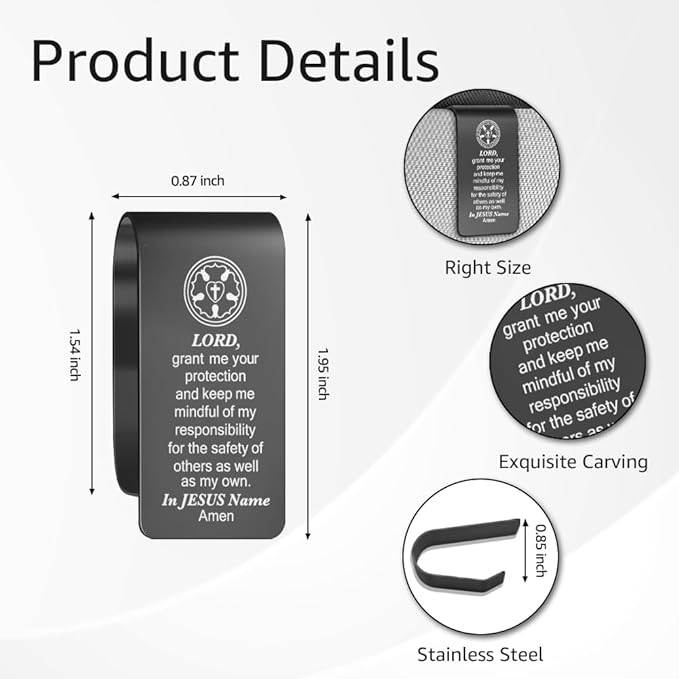Lord Grant Me Your Protection Black Engraved Stainless Steel Car Visor Clip, Safe Driving Reminder Visor Clip for Religious Believers, Religious Thank You Gifts for New Drivers Family Friend