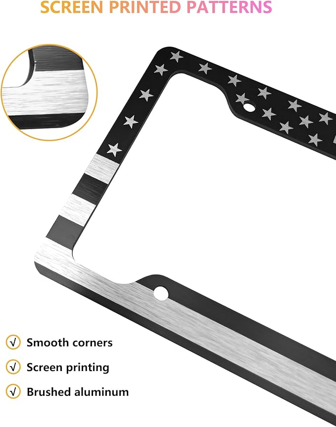 American Flag License Plate Frames - 2 Pack Black Patriotic USA Car Tag Frame in Alum-Plastic Hybrid with Brushed Finish & 3D Metal Decals