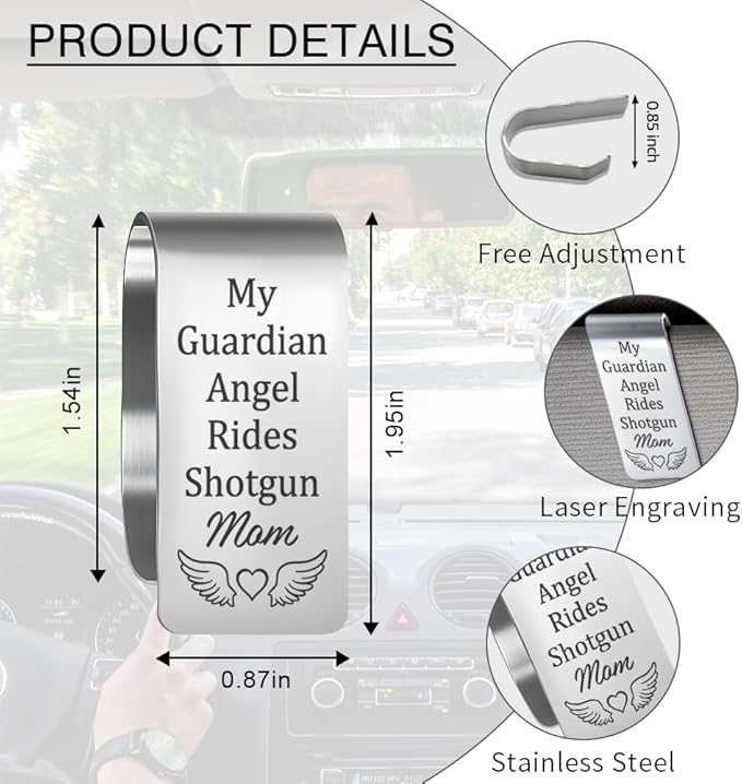 My Guardian Angel Mom Engraved Stainless Steel Car Visor Clip, Safe Driving Gifts for Son Daughter Stepson Stepdaughter, Travel Visor Car Accessories for Sweet 16 Birthday Gifts for New Driver