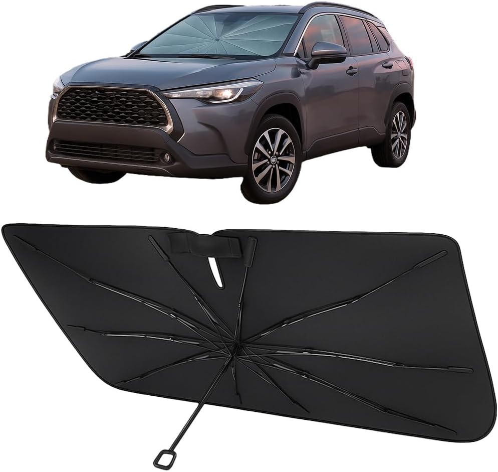 Proadsy Windshield Sun Shade Umbrella for Toyota Corolla Cross 2022-2025 2026 Foldable Car Umbrella Sunshade with Soft TPU Handle Spring Structure Crystal Cooling Material Protect Car from Rays & Heat