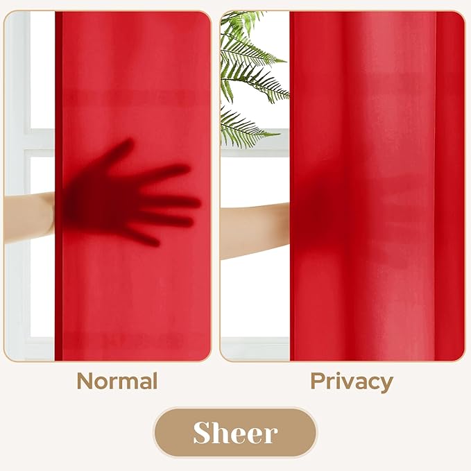 HOMEIDEAS Christmas Non-See-Through Red Privacy Sheer Curtains, 52 X 96 Inches Long 2 Panels Sheer Curtains Light Filtering Window Drapes for Bedroom Living Room